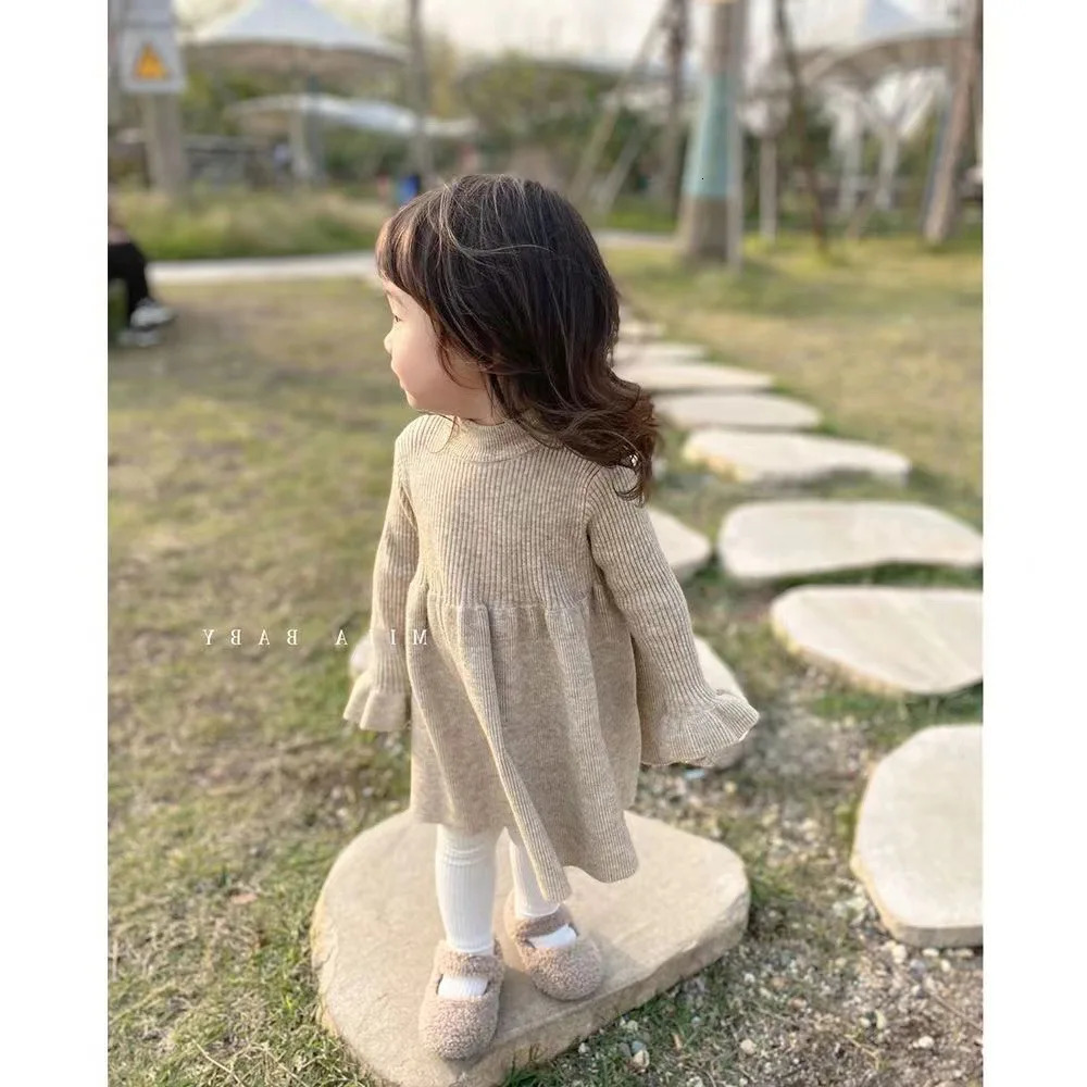 Girls Casual Dresses Children Clothing Woolen Yarn Skirt Winter Knitting Long Sleeved Korean Baby Underlay 241025