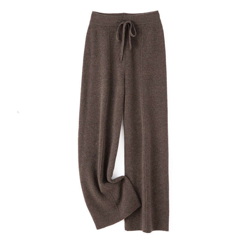 2024 Fashion Women Pure Color Wide Leg 100% Merino Wool Knitted Trousers Spring Autumn High Waist Lace-Up Pants