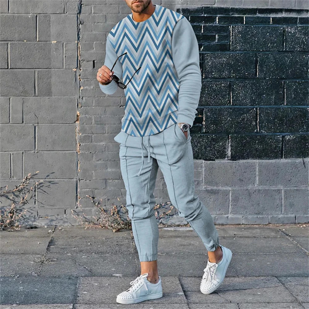 Dark Green Stripes Y2K Men Spring AutumnRound Neck Tracksuit Casual Long Sleeve TShirtPants Suit 2Pcs Set Man Clothes 241025