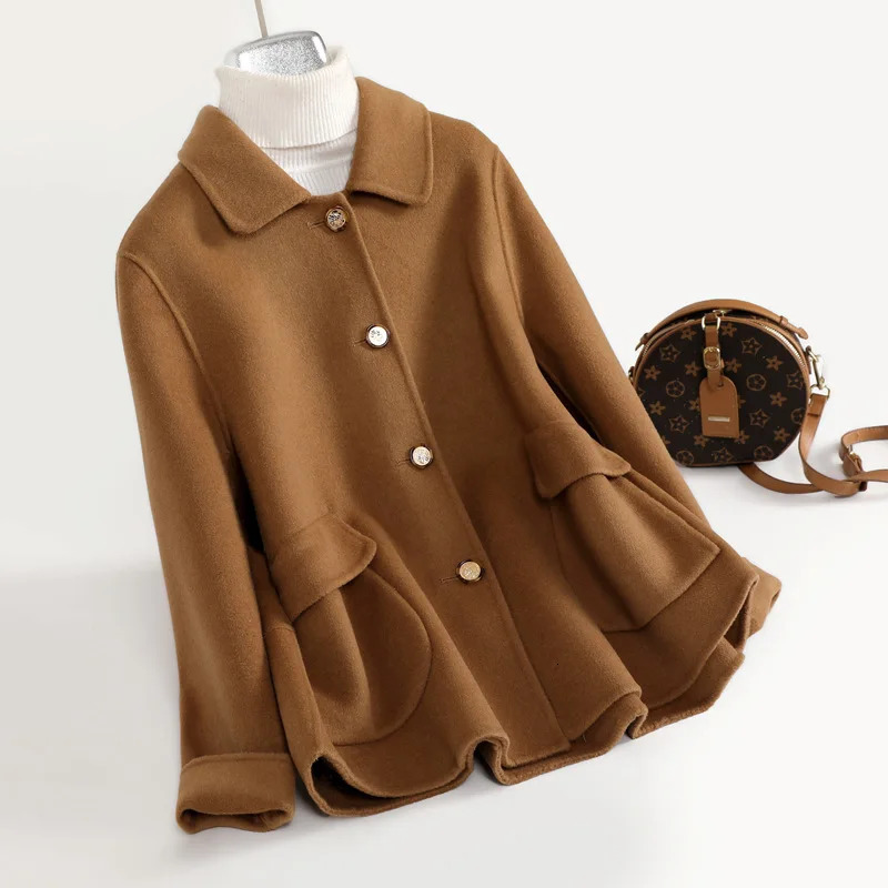 Camel DoubleSided Cashmere Coat Womens Short Square Collar SingleBreasted HighEnd Slim Wool Coats and Blends Suit Jackets 241025