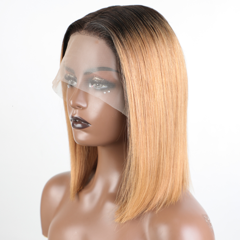 Lekker Ombre Gold Blonde Short Straight Bob 13x1 Lace Front 100% Human Wigs For Women Glueless Brazilian Remy Hair Colored