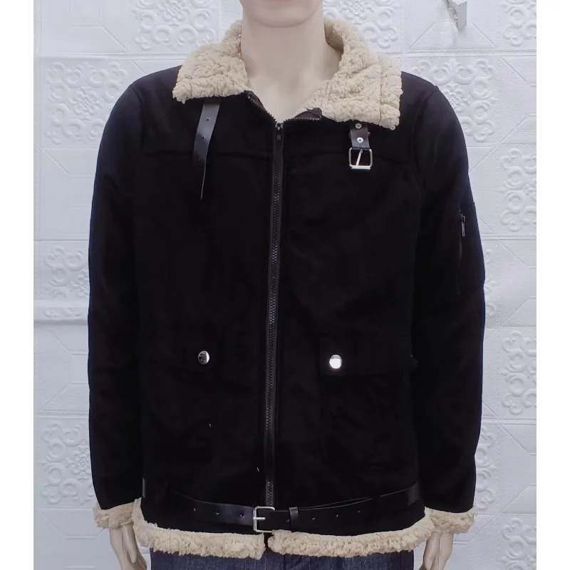 Winter Mens Lamb Wool Lined Leather Jacket Parka Outwear Coat Men Retro Fur Locomotive Zipper PU Warm 241025