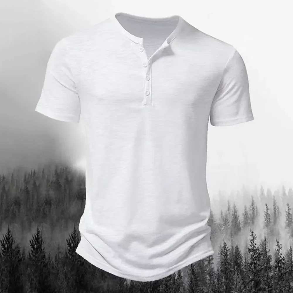 Henley Collar Mens Casual Solid Color Short Sleeve Slip Mens Shirt Slub Cotton High Neck Mens T-shirt Strtwear New Style W241026