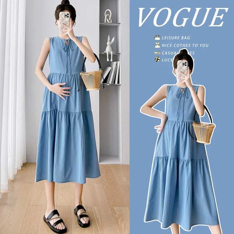 Summer sleeveless loose pregnant womens long dress simple vest dress pregnant women 24SS Y2k youth W241026