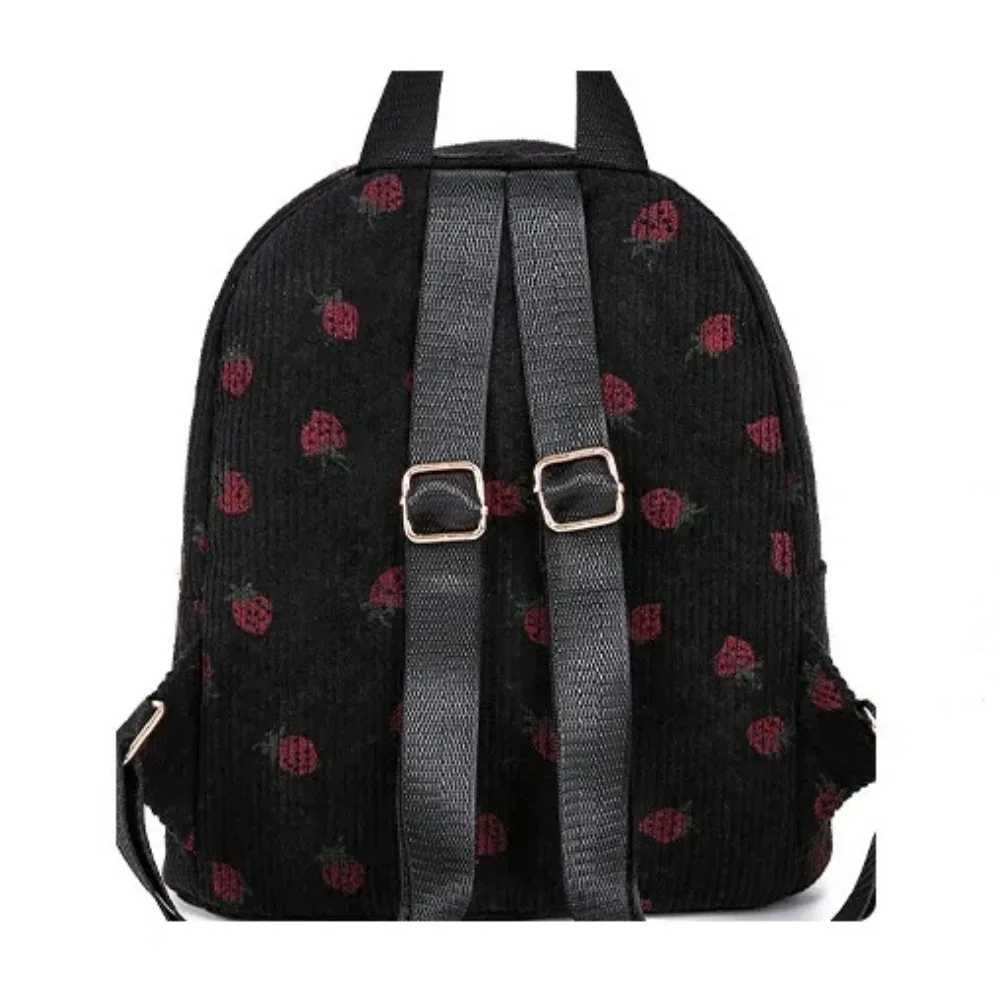 Corduroy Strawberry Backpack Large Capacity Multi-pockets Travel Backpack Strawberry Pattern Adjustable Strap Daily RucksackXJ241026