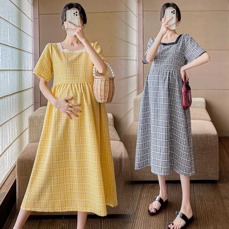 Korean summer long loose pregnant women A-line dress short sleeved square neckline pregnant women plain weave dress pregnant women dress W241026