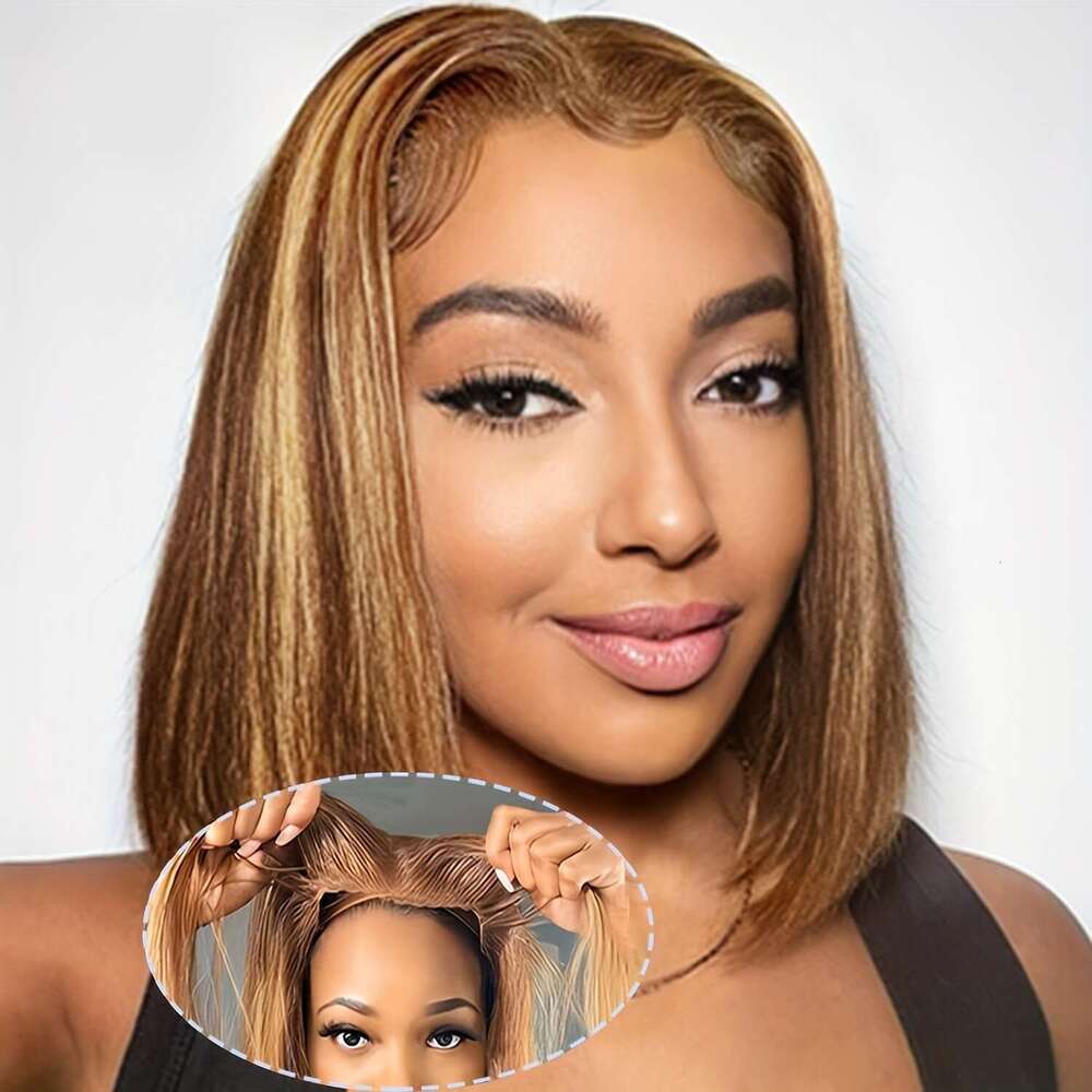 14 Inch Wear And Go Glueless Bob Human Hair Plucked Pre Cut P4/27 Highlight Blonde 6X4 Lace Closure Straight Wigs Short