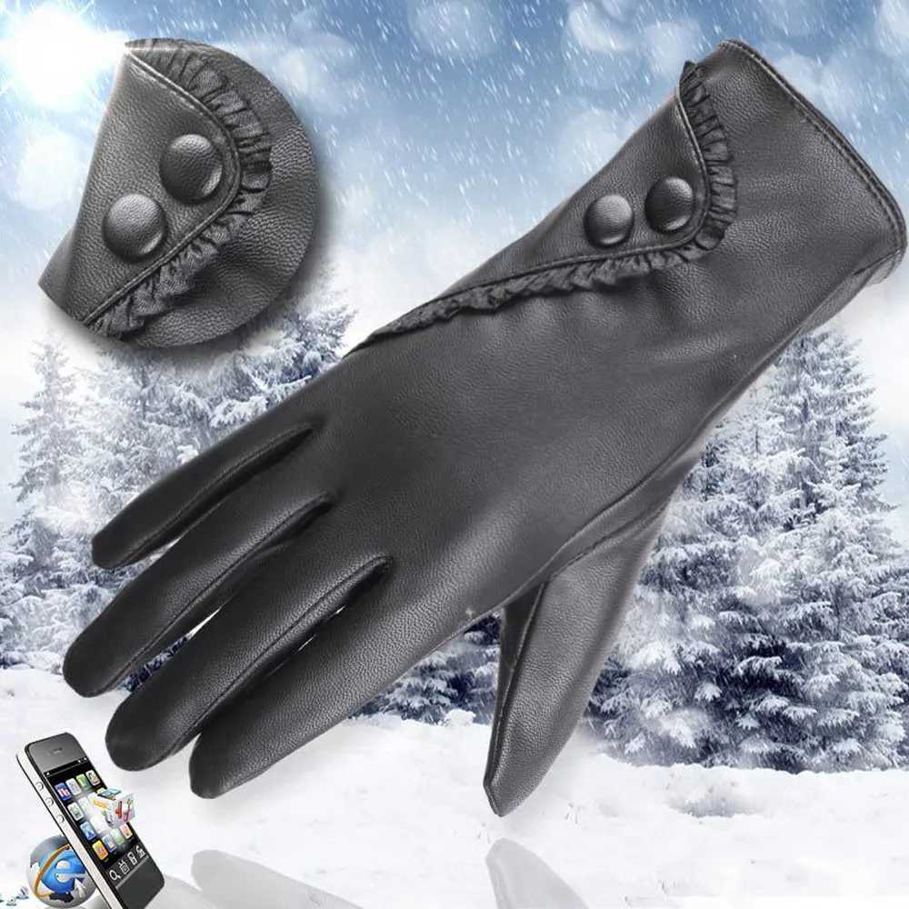 Fashionable Womens La Soft Leather Gs Winter Warm Finger Christmas Gift Black W241026