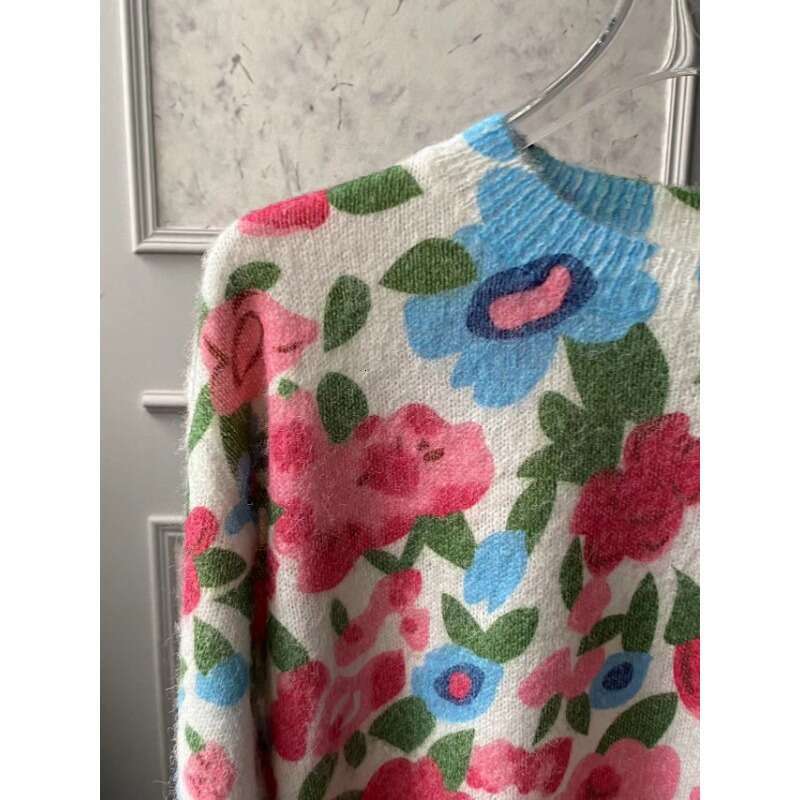 French Style In Early Autumn 2024, Retro Ral Print Round Neck Loose Knit Pullover Sweater For Women