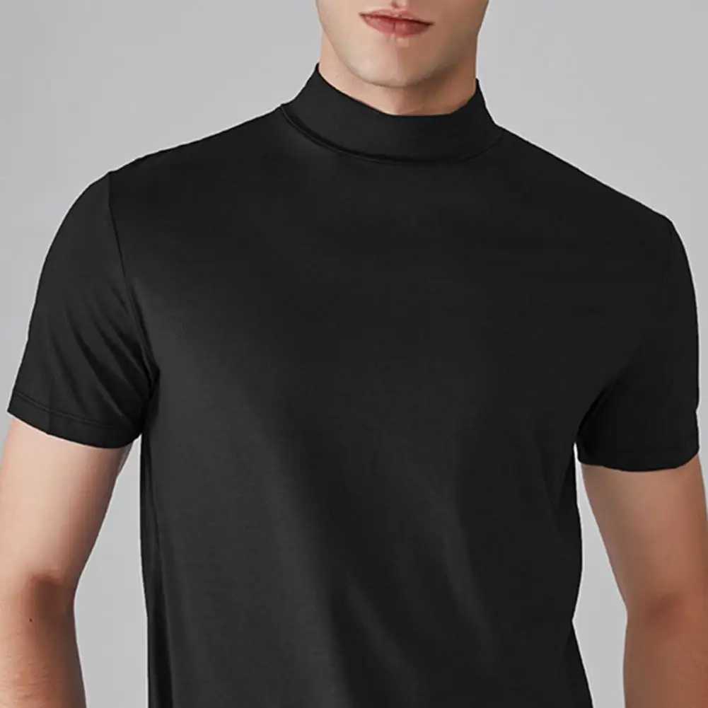Mens semi high neck slim fit T-shirt for summer casual short Slve solid color elastic thin floral T-shirt W241026