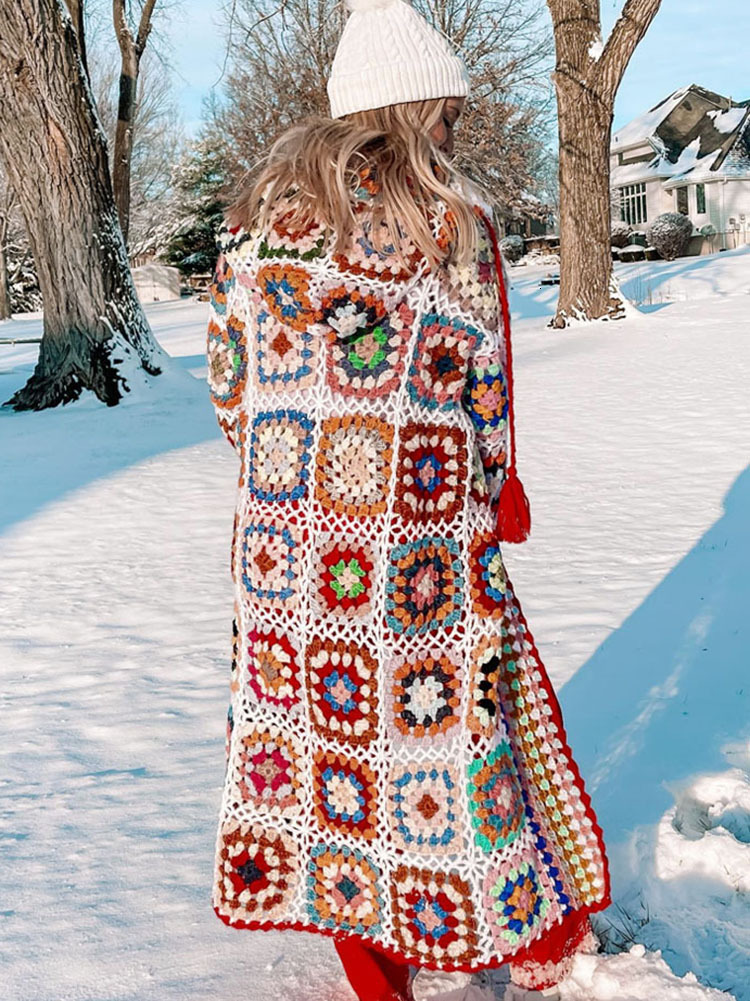 Gypsylady Vintage Handmade Kintted Multicolor Crochet Hooded Women Winter Cardigan Long Sweater Outerwear Coat