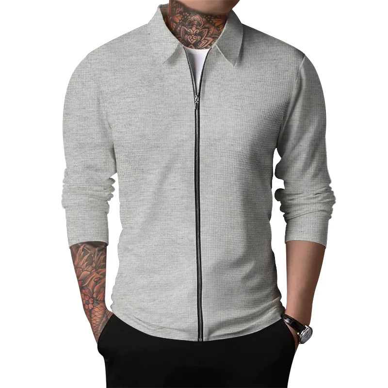 Spring and autumn 2023 mens Sportswear zippered long sleeved polo shirtpolyester fiber solid checkered 241025