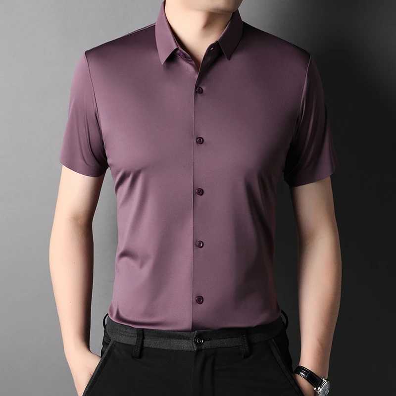 MLSHP High Elasticity Summer Mens Shirt Luxury Short Slip Solid Color Seamless Business Casual Mens Dress 4XL W241026