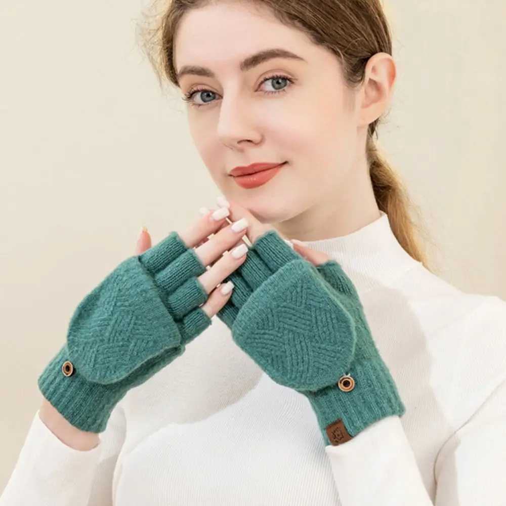 Womens winter warm Gs thick wool Gs knitted flip cover finger exposed finger thick Gs no finger gloves W241026