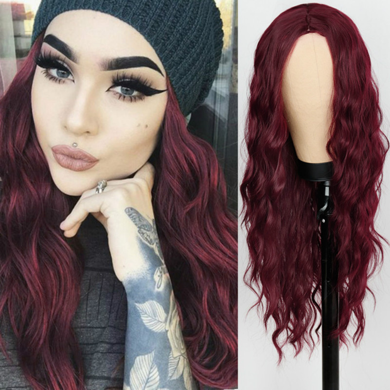Wig women wine red long hair female middle part corn perm long curly hair chemical fiber wig