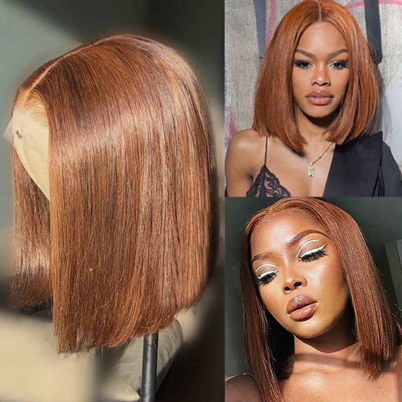 Density 4 Bone Straight Short Bob Human Hair Colored Chocolate Brown Transparent Lace Frontal Wig For Women