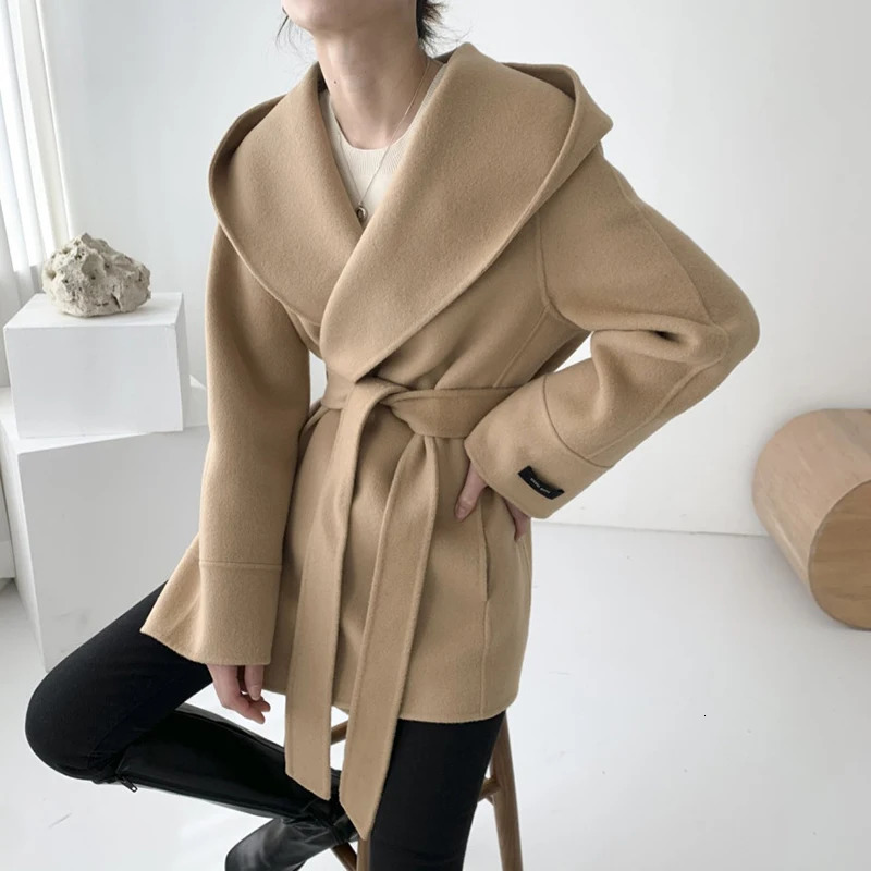Elegant Wool Blends Coat Korean Black Hooded Woolen Jackets Ladies Fashion Bandage Overcoat Winter Commute Outerwears 241025