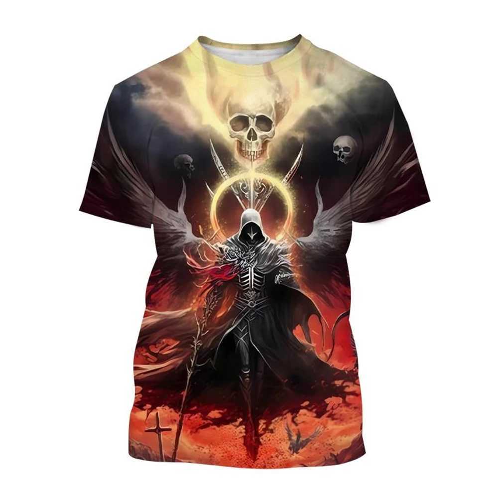 Hot selling new skeleton 3D printed mens and womens fashionable horror short sleeved flame skull casual T-shirt W241026