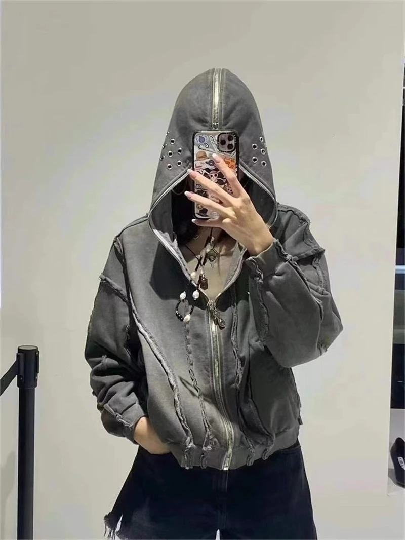 Y2K THUG CLUB VIBE Wash Wax Dyed Zipper Shark Masked Hoodie Short hoodie Mens Fashion Casual Loose Top High Street Korean Style 241025