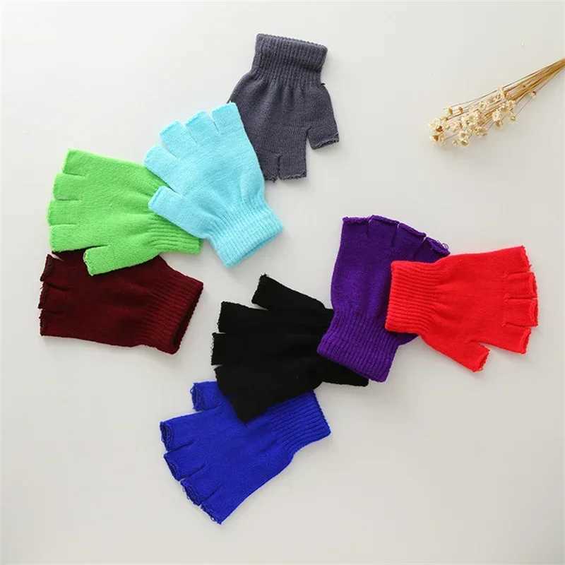 1 pair of unisex black half finger Gs womens and mens wool knitted wrist cotton winter warm work gloves W241026
