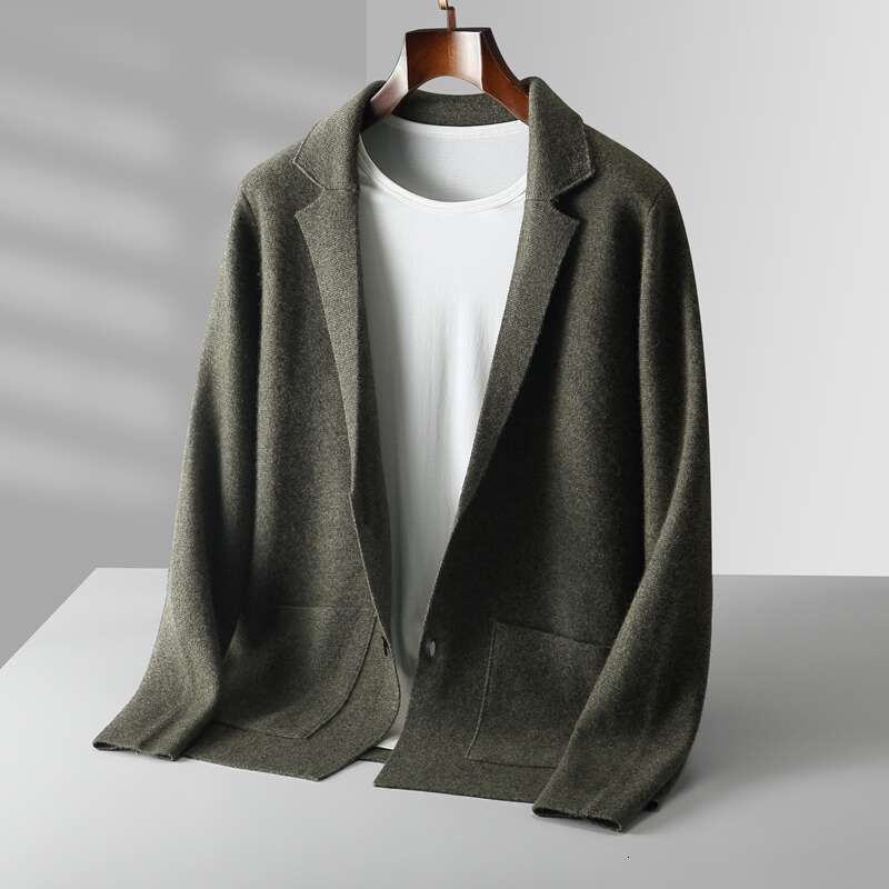 Men 100% Merino Wool Jacket Suit Lapel Sweater Cardigan Autumn Winter Loose Knit Coats Youth Thick Shirt Business Casual Tops