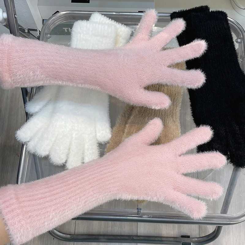 Womens Plus Cashmere Touchscreen Gs Winter Warmth Gs Elastic Soft Full Finger Gloves Plush Artificial Fur Knitted Gs W241026