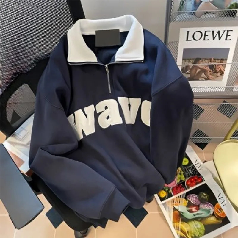Mens Polo Shirts Retro Turndown Collar Half Zipper Sweater Womens Autumn Loose Long Sleeves Letter Print Chic Tops Tees 241025