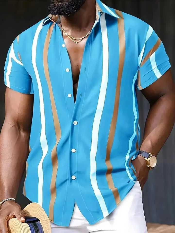 2024 New Business Leisure Striped Summer Haian Beach Mens Shirt 3D Printed Clothing Oversized Short Sleeve Mens Fashion W241026