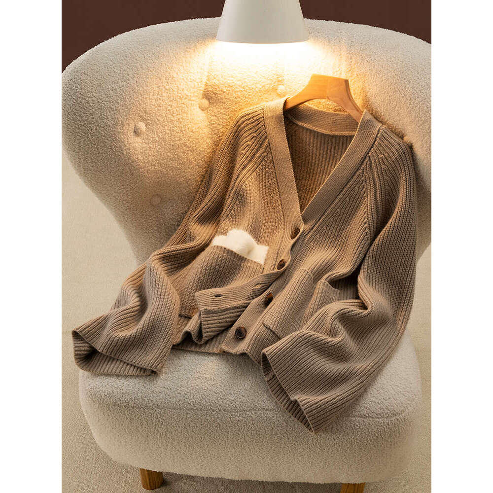 High Quality Women V-Neck Cardigan Cashmere Sweater Autumn Winter Thick 100% Merino Wool Knitwear Comfort Loose Korean Fashion