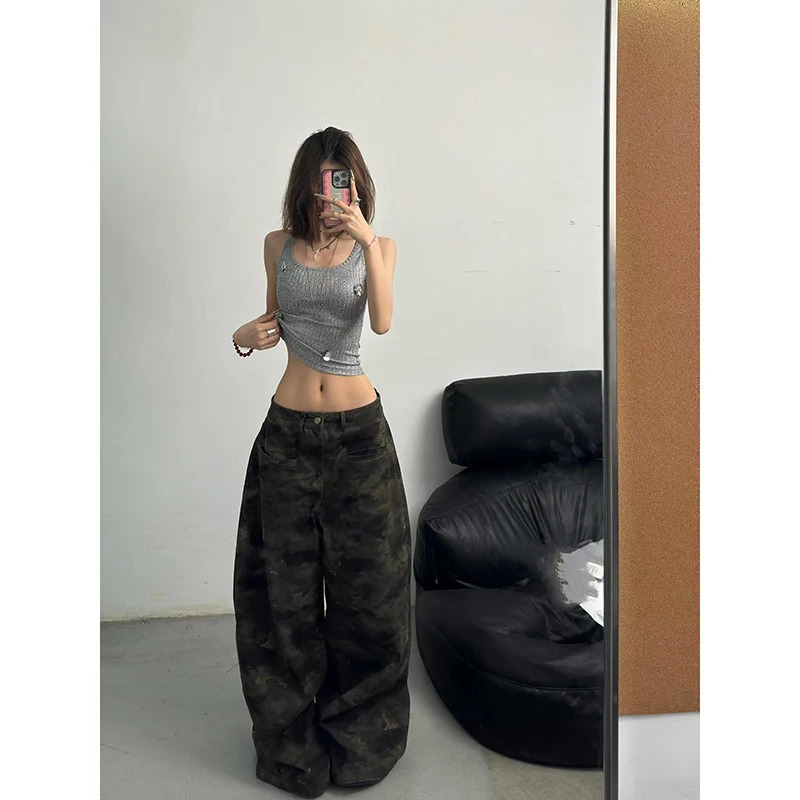 2024 Autumn Womens Jeans High Waist Baggy Casual Vintage Y2K Camouflage Straight Pants Street American Wide Leg Denim Trouser 241025