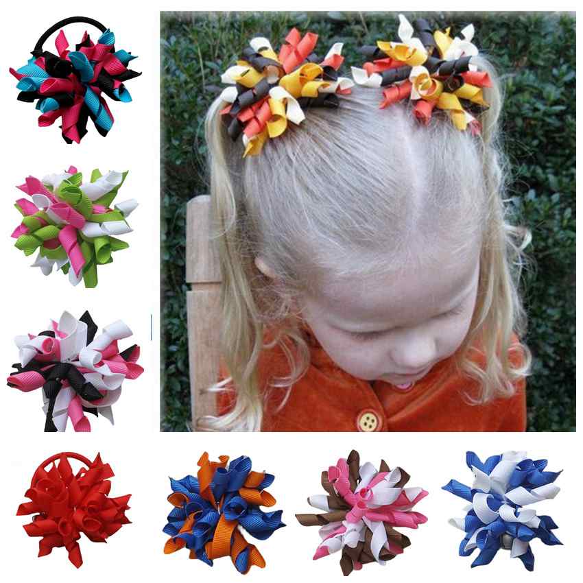 Free Shipping Baby Girl 2.5'' Korker Hair Bows Clips Hairbands Mix Hundreds Color Curly Grosgrain Ribbon Corker Bobbles Prevalent Hair Ties 
