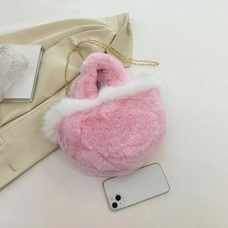 Small bucket bag handbag fluffy plush cross body bag womens soft top handbag womens faux fur handbag 241025
