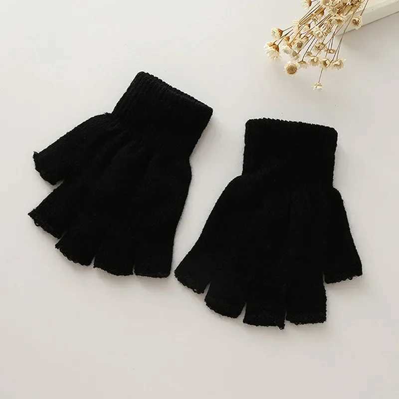 1 pair of unisex black half finger Gs womens and mens wool knitted wrist cotton winter warm work gloves W241026