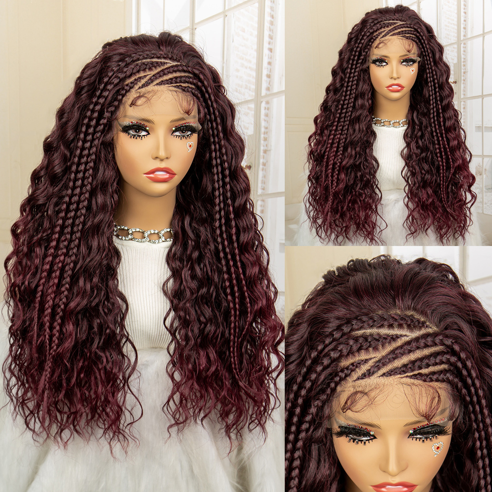 26 Inches Synthetic Lace Frontal Cornrow Braided Wigs with Baby Hair Curly Wave Wavy Braids Wig for African Black Women
