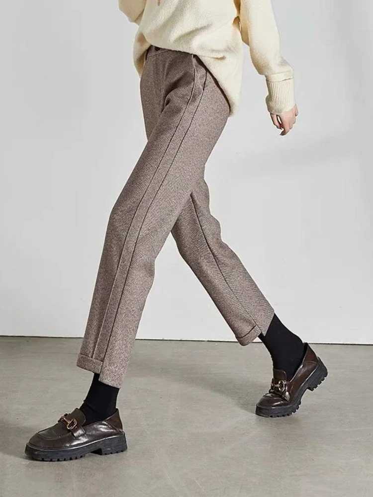 High waisted thick tweed straight pants for autumn and winter new loose casual herringbone warm thick cut pants M241111