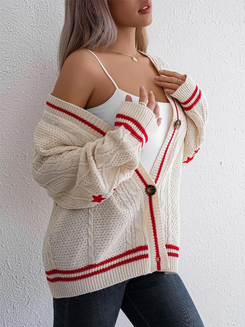 Women's Sweaters Suninbox Autumn And Winter Warm Sweater Cardigan Chic Red Star Embroidery Loose Casual Knitted Women