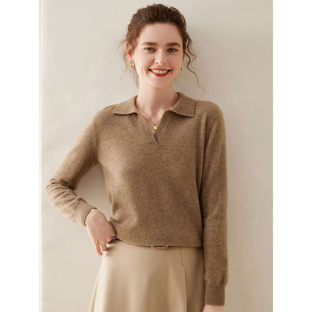 New Fashion Women's POLO V-Neck Pullover Autumn Winter 100% Cashmere Knitwear Soft Warm Solid Sweater Shirt