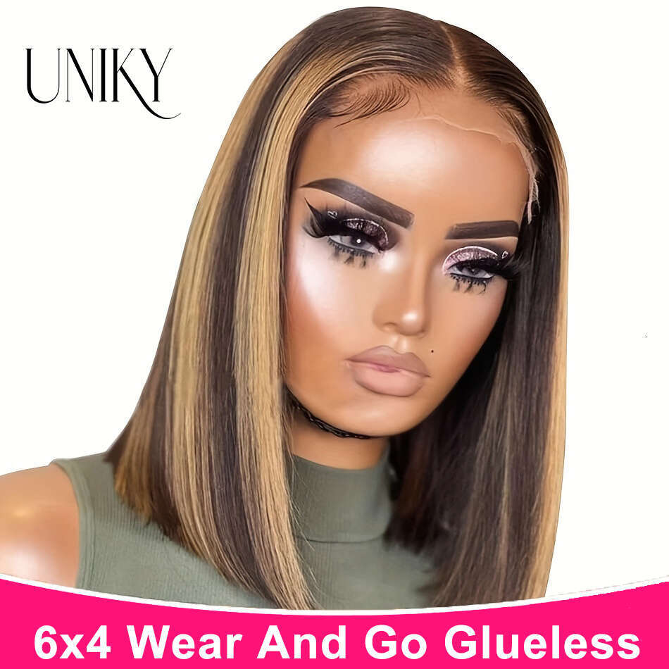 Uniky 4/27 Highlight Go Ombre HD Lace Front 6X4 Bone Straight Bob Glueless Wig Human Hair Ready To Wear