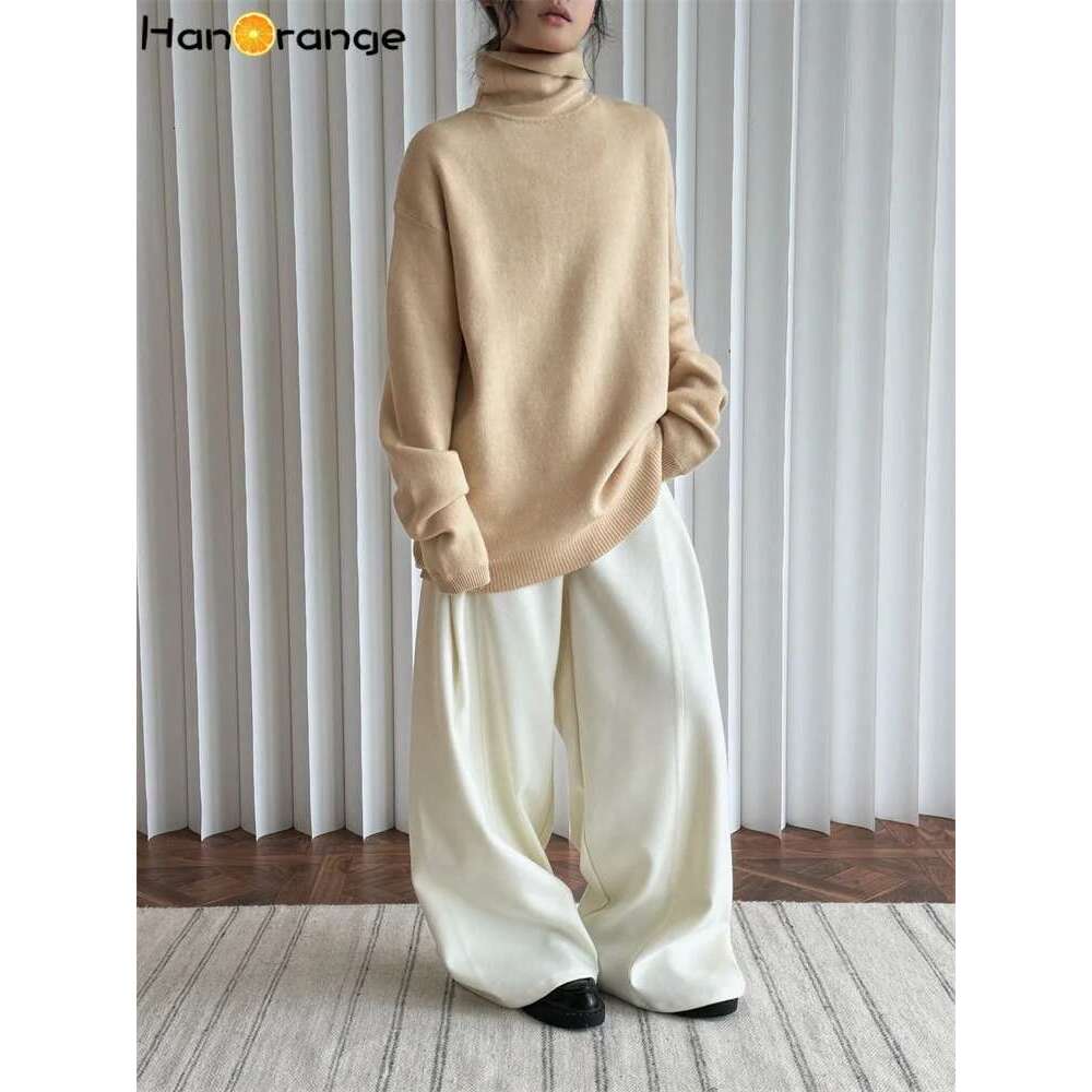 Hanorange 2024 Winter Turtleneck Cotton Cashmere Sweater Women Soft Skin Friendly Loose Top Black/Apricot
