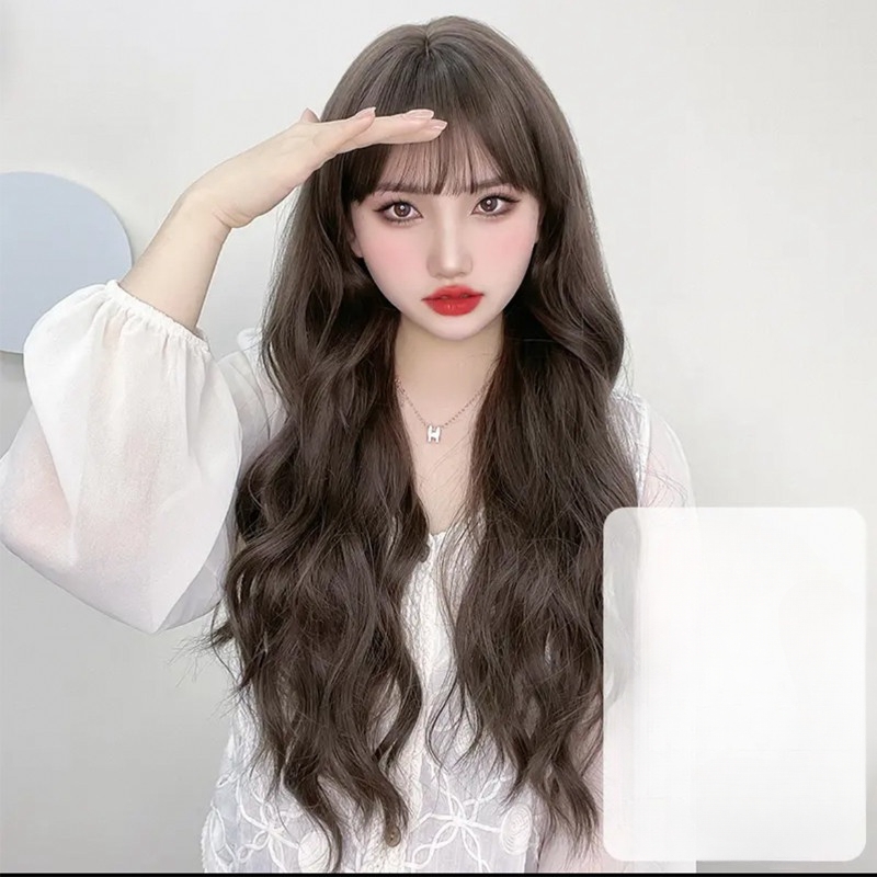 Wig for women long curly hair synthetic fiber wig with bangs and long waves