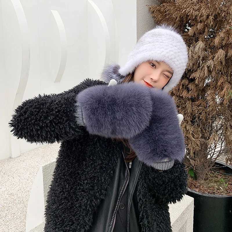 New Womens% Genuine Knitted Thick Leather Gloves for Winter Warmth La Genuine Fur Gs Knitted Fur Gloves W241026