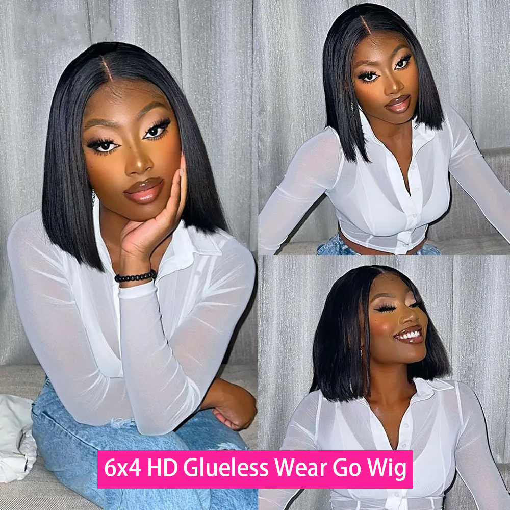 Ready to Wear Go Glueless Bone Straight 13x4 Frontal Short Bob Human Hair 6x4 Transparent HD Lace Closure Wig