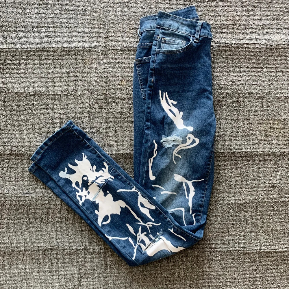 Summer Fashion Y2K Retro Ripped Hole Jean Print High Waist Skinny Stacked Blue Denim Pants Streetwear Elastic Trousers 241025