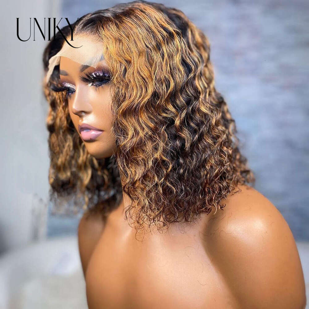 Short Curly Bob Highlight 13X4 Front Human Hair Wigs For Women Ombre Color Brazilian Deep Wave Lace Closure Frontal Wig