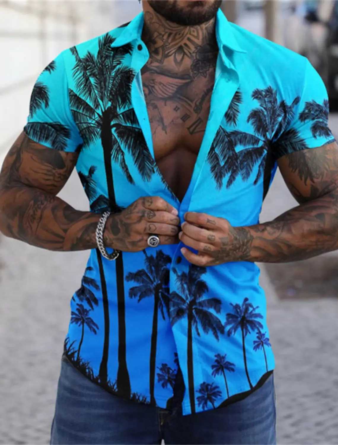 Mens Haian shirt Graphic ha Tr turned city sea 3D printing Strt daily short Slve button clothing Palm Beach Trs Beach W241026