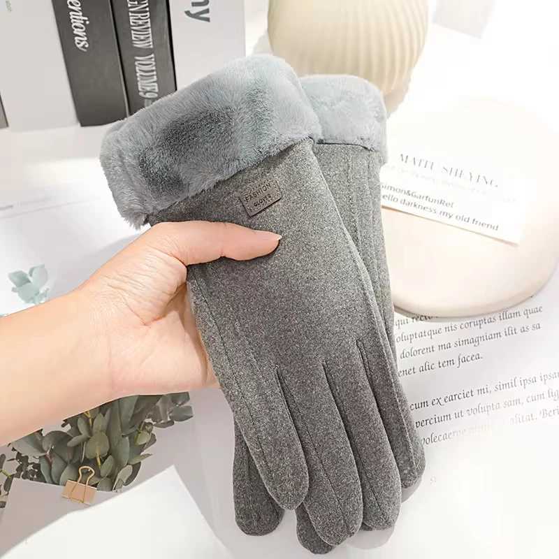 Womens Winter Thick Plush Gs Fashion Warm Suede Outdoor Tube La Touch Screen Driving Gs Sports Bicycle Gloves W241026