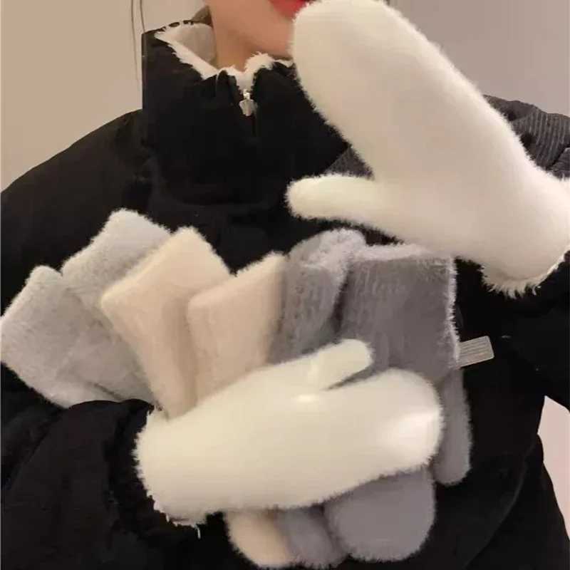 New Womens Winter Warmth Gs Plus Cashmere Solid Elastic Soft All Finger Gloves Gs Imitation Rabbit Fur Knitted W241026