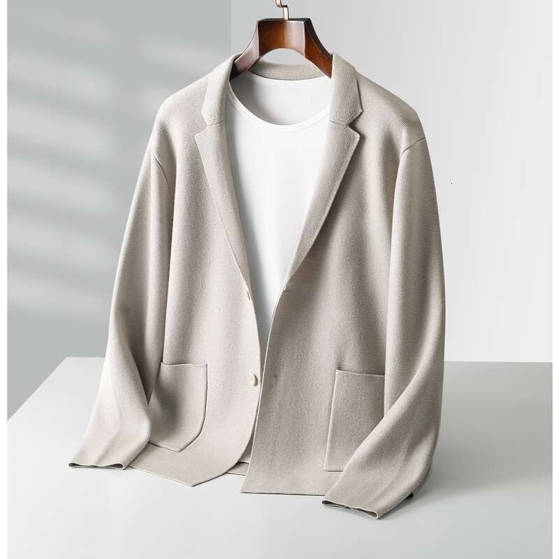 Men 100% Merino Wool Jacket Suit Lapel Sweater Cardigan Autumn Winter Loose Knit Coats Youth Thick Shirt Business Casual Tops