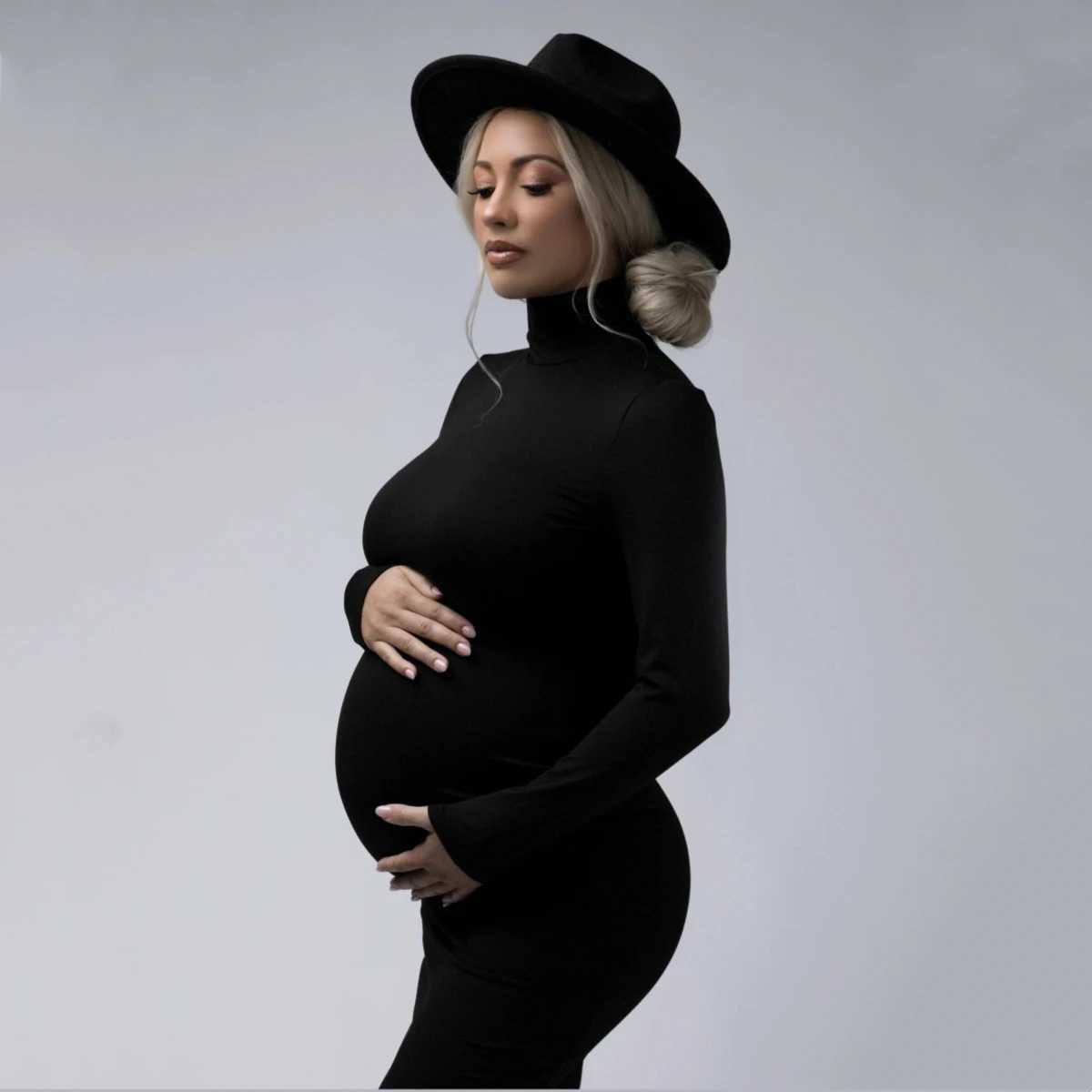 High neck full sleeved tight fitting dress for pregnant women used in photography stretch long dress for pregnant women W241026
