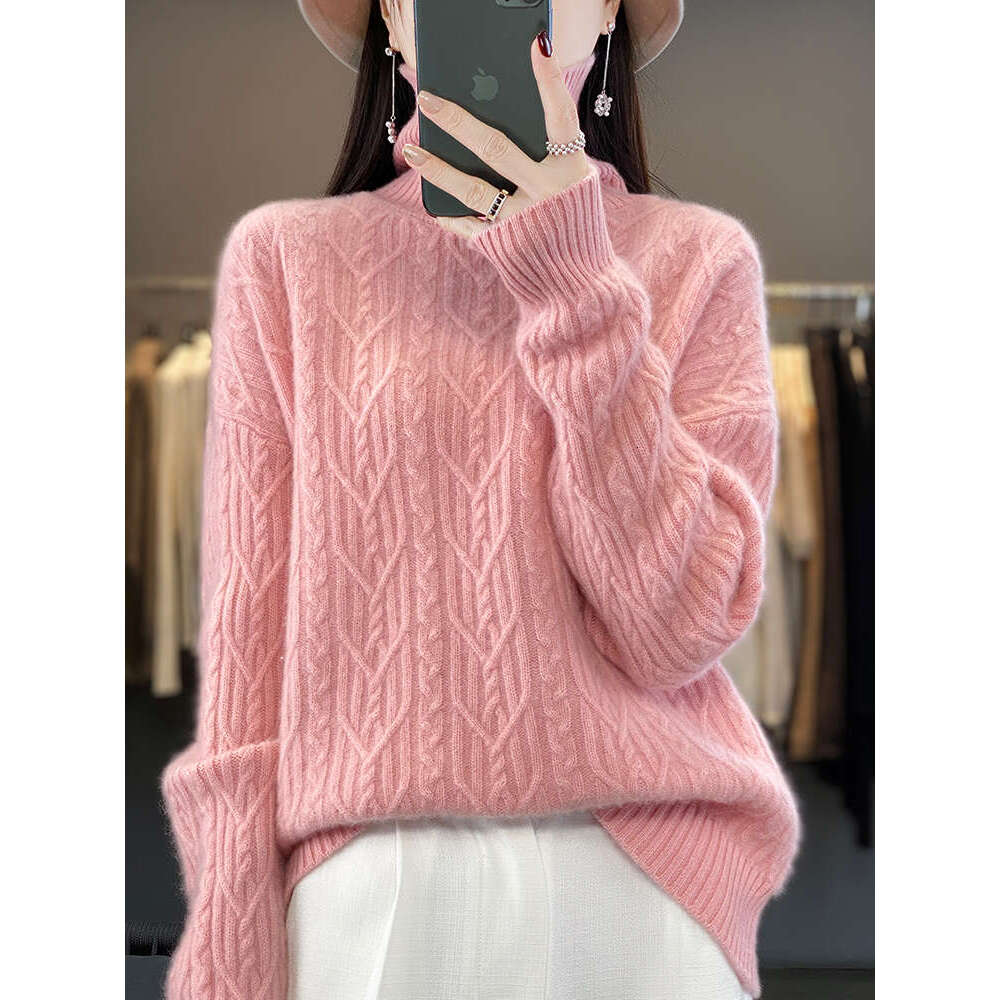 Autumn Winter Loose Thick Women 100% Merino Wool Mock-Neck Solid Pocket Cashmere Sweater Female Clothing Top